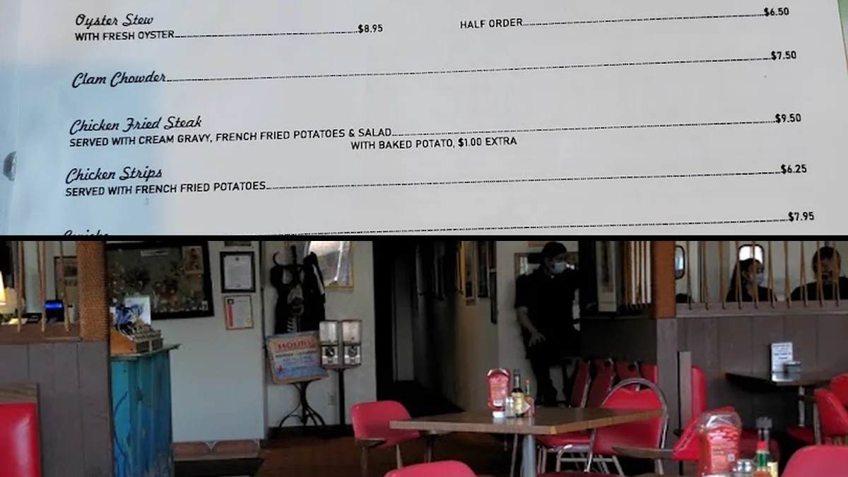 Retro seafood dining room with table service.