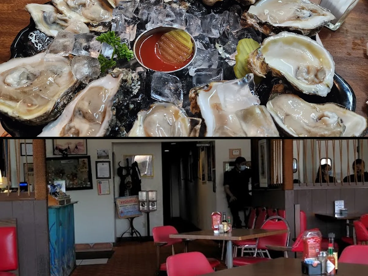 Seafood dishes served beside beer and cocktails.