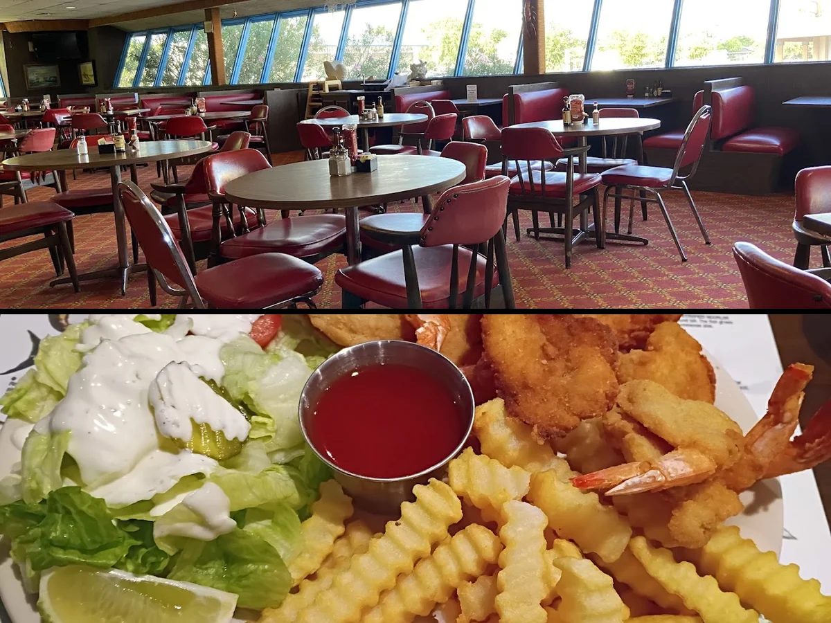 Seafood dishes served beside beer and cocktails.